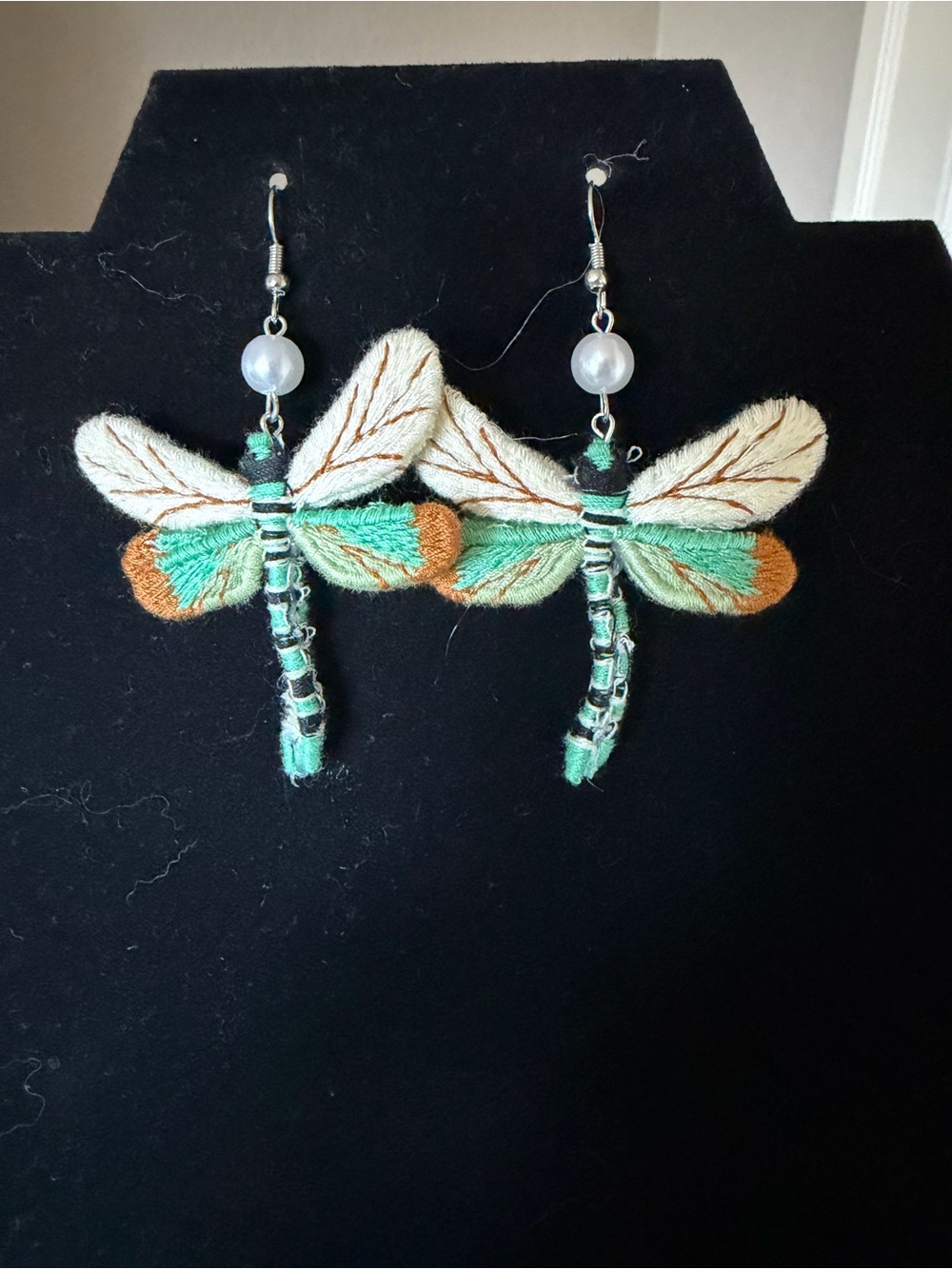 Embroidered Dragonfly Dangle Earrings in Mint & Cream